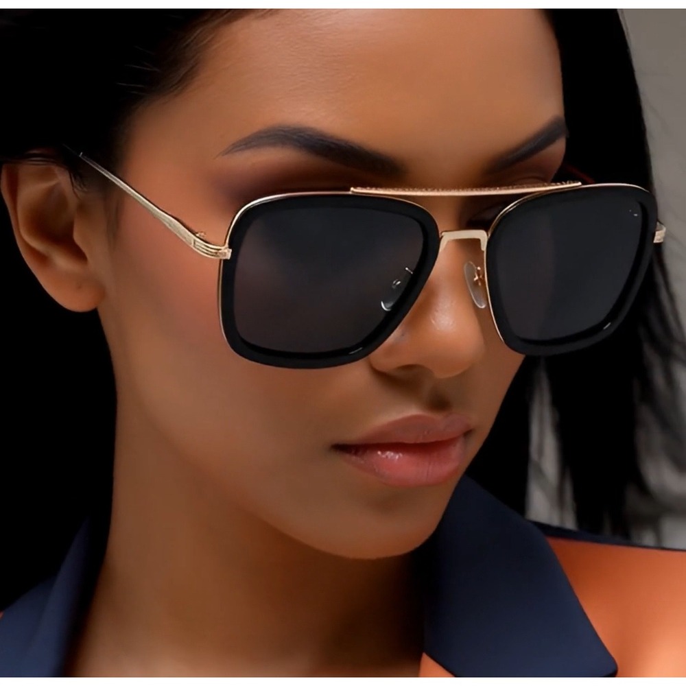 Square Sunglasses Black Gold Frame Stylish Fashion Eyewear Elegant Women Lentes - Picture 11 of 11